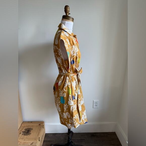 ANTHROPOLOGIE MAEVE TONIGHT TUNIC DRESS MUSTARD COTTON FLORAL BELTED XS - Picture 4 of 10